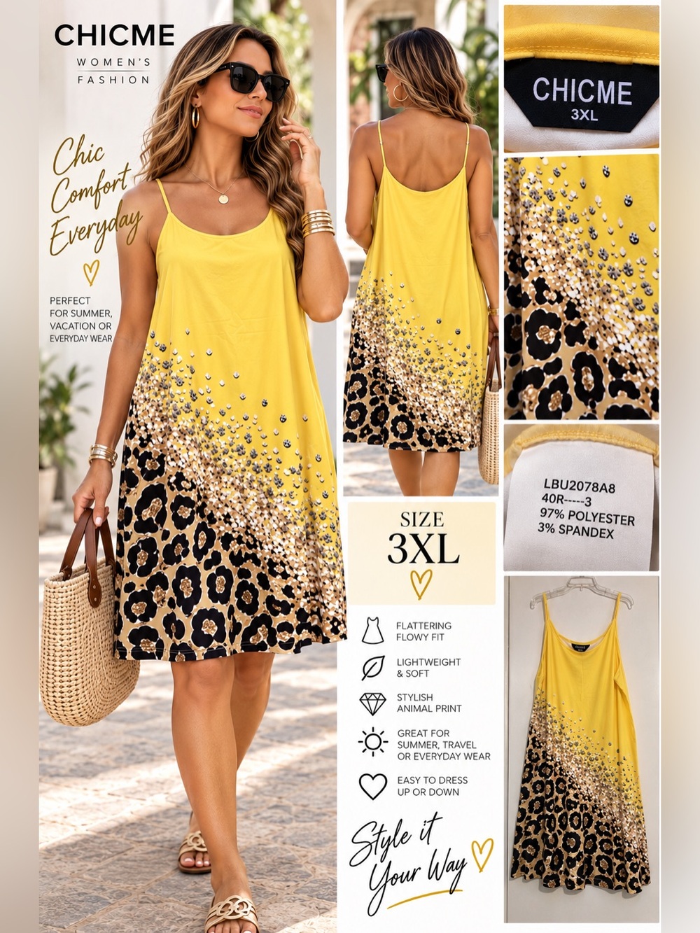 Chicme Yellow Leopard-Print Spaghetti Strap Swim Cover Dress with Sparkle